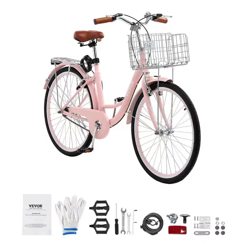 Vélo de plage VEVOR Cruiser, 1 vitesse, 26 pouces, rose, avec panier grande capacité et porte-bagages arrière, sécurisé et robuste, rose