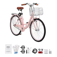 Vélo de plage VEVOR Cruiser, 1 vitesse, 26 pouces, rose, avec panier grande capacité et porte-bagages arrière, sécurisé et robuste, rose