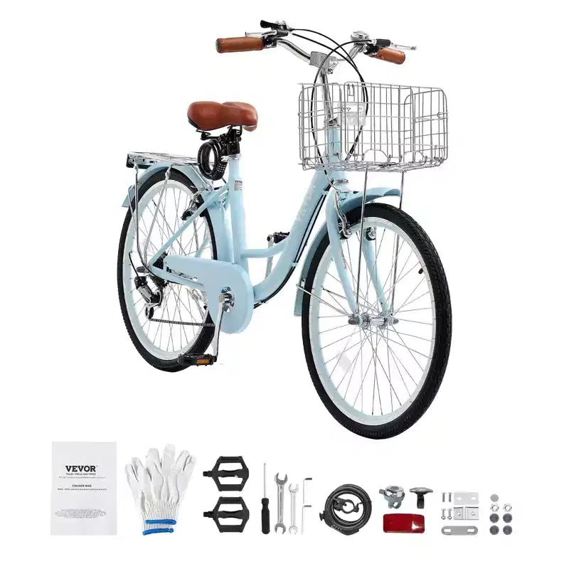 Vélo de croisière VEVOR, 7 vitesses, vélo de croisière de plage 26 pouces bleu clair avec panier de grande capacité et porte-bagages arrière, vélo de croisière sûr et robuste, bleu clair