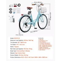 Vélo de croisière VEVOR, 7 vitesses, vélo de croisière de plage 26 pouces bleu clair avec panier de grande capacité et porte-bagages arrière, vélo de croisière sûr et robuste, bleu clair