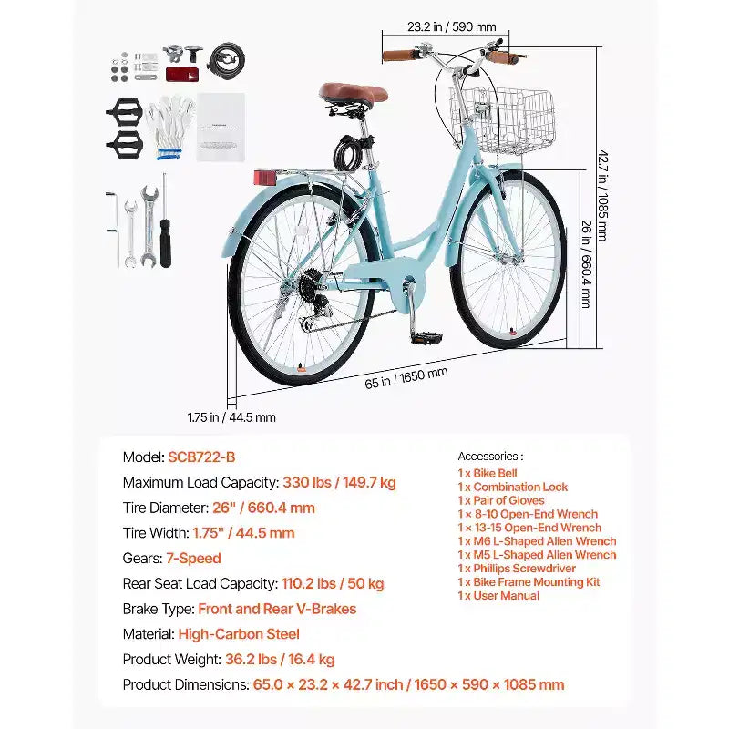 Vélo de croisière VEVOR, 7 vitesses, vélo de croisière de plage 26 pouces bleu clair avec panier de grande capacité et porte-bagages arrière, vélo de croisière sûr et robuste, bleu clair