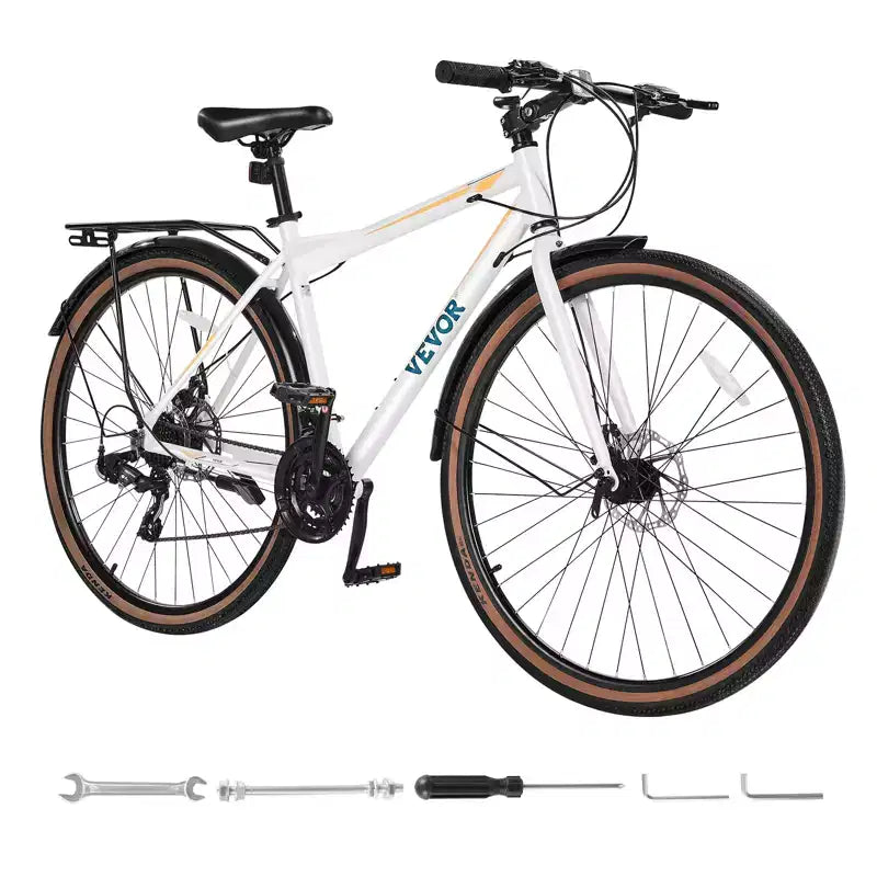 Vélo hybride VEVOR, cadre en aluminium léger, vélo hybride 700c pour hommes et femmes, vélos de ville urbains pour adultes avec cadre ouvert, blanc