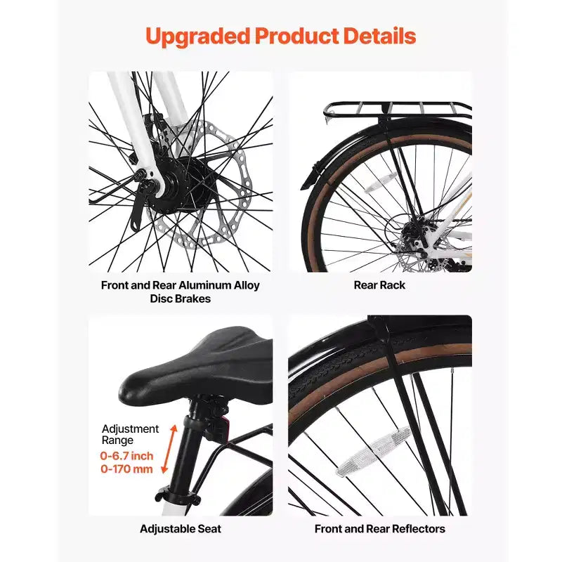 Vélo hybride VEVOR, cadre en aluminium léger, vélo hybride 700c pour hommes et femmes, vélos de ville urbains pour adultes avec cadre ouvert, blanc