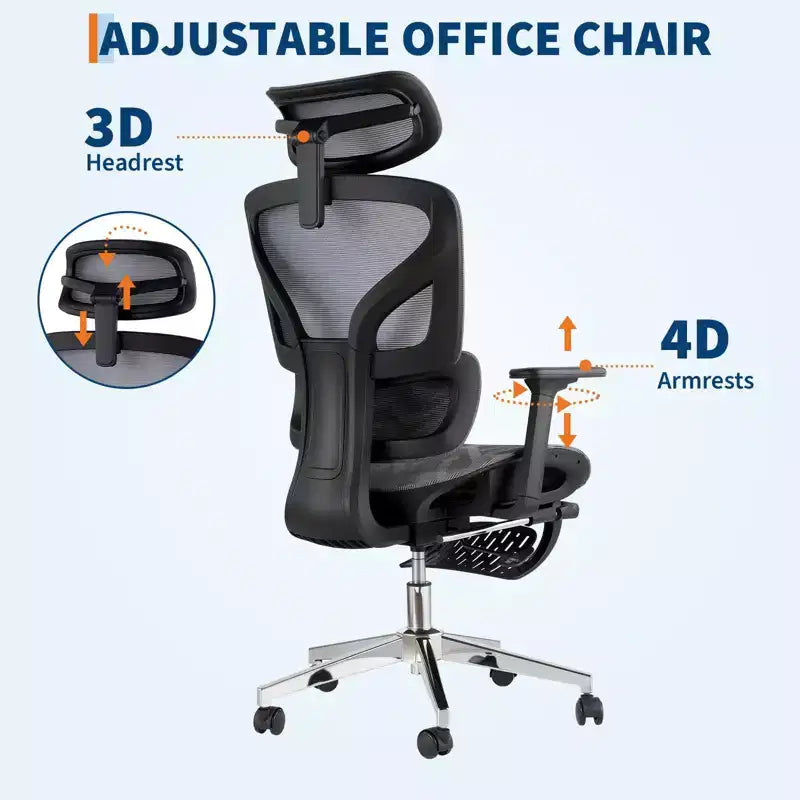 Chaise de bureau ergonomique, chaise de bureau confortable à dossier haut et accoudoirs réglables 3D, chaise de travail pivotante pour le travail, l'étude, le gaming