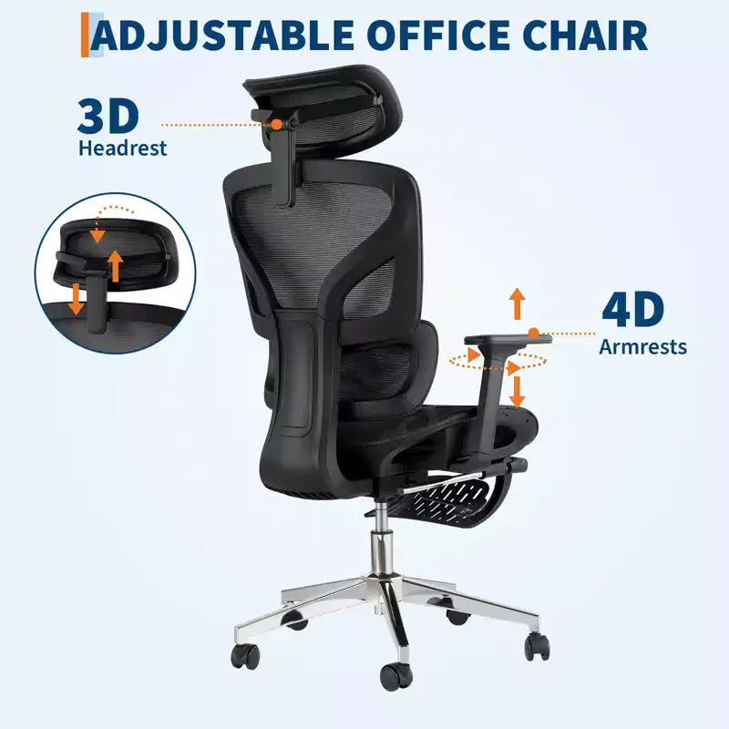 Chaise de bureau ergonomique, chaise de bureau confortable à dossier haut et accoudoirs réglables 3D, chaise de travail pivotante pour le travail, l'étude, le gaming