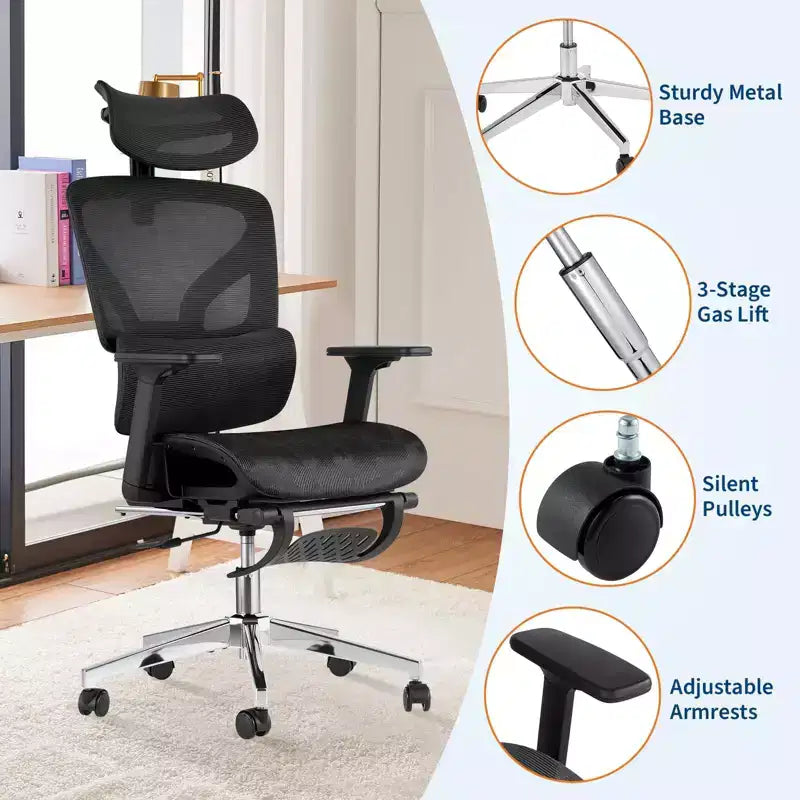Chaise de bureau ergonomique, chaise de bureau confortable à dossier haut et accoudoirs réglables 3D, chaise de travail pivotante pour le travail, l'étude, le gaming