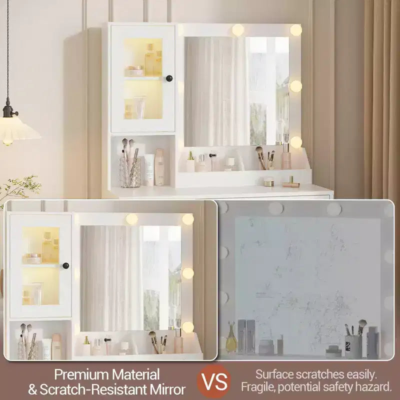Coiffeuse avec prise électrique, table coiffeuse moderne avec miroir et lumières, 2 compartiments ouverts