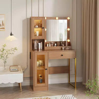 Coiffeuse avec prise électrique, table coiffeuse moderne avec miroir et lumières, 2 compartiments ouverts