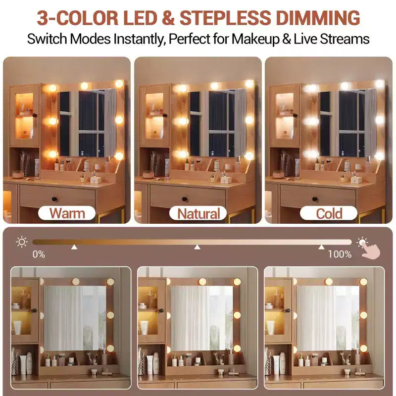 Coiffeuse avec prise électrique, table coiffeuse moderne avec miroir et lumières, 2 compartiments ouverts