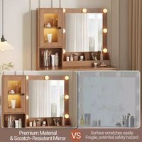 Coiffeuse avec prise électrique, table coiffeuse moderne avec miroir et lumières, 2 compartiments ouverts
