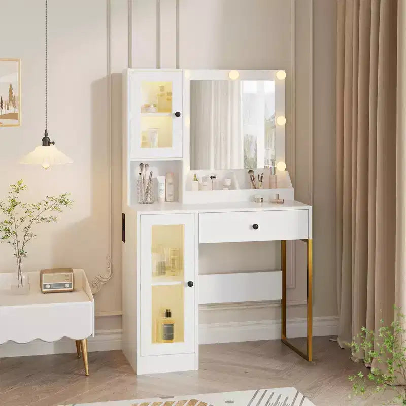 Coiffeuse avec prise électrique, table coiffeuse moderne avec miroir et lumières, 2 compartiments ouverts
