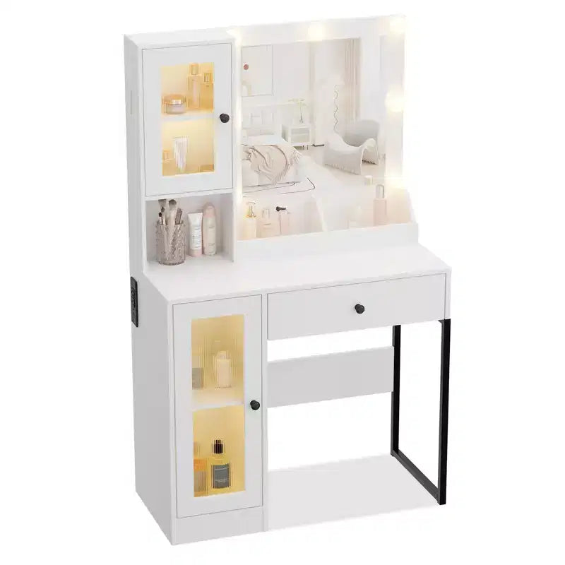 Coiffeuse avec prise électrique, table coiffeuse moderne avec miroir et lumières, 2 compartiments ouverts