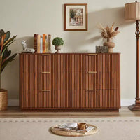 JVNOXK Commode moderne 6 tiroirs 55 pouces, design à vagues incurvées, pour chambre ou salon, meuble de rangement en bois, Noyer