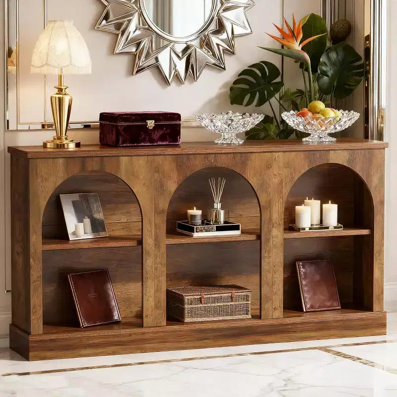 Console de table étroite Lantine de 63 pouces avec étagère de rangement à 3 niveaux, table console de canapé de ferme moderne pour couloir, salon, marron rustique