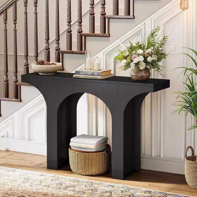 Console moderne Lantine de 47 pouces noire avec design arqué, idéale comme table d'appoint étroite pour canapé/entrée/foyer, pour couloir, salon