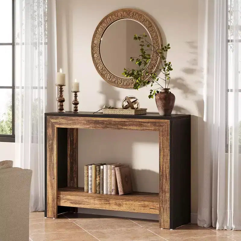 Table console de ferme Lantine de 105 cm, table d'appoint pour canapé avec rangement pour salon, couloir, hall d'entrée, noir + marron, montage facile