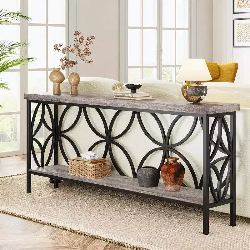 Console étroite industrielle Lantine de 70,9 pouces avec rangement, gris vintage, pour entrée, salon, foyer, design unique.