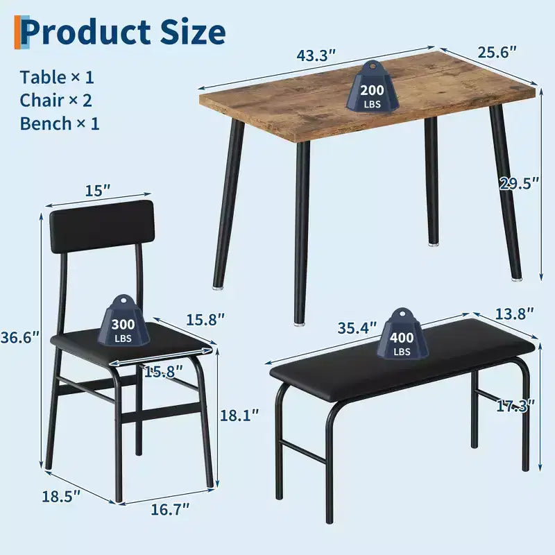 Ensemble table à manger pour 4, table de cuisine en bois avec banc rembourré et 2 chaises, mobilier peu encombrant pour cuisine, salle à manger, appartement, style rétro