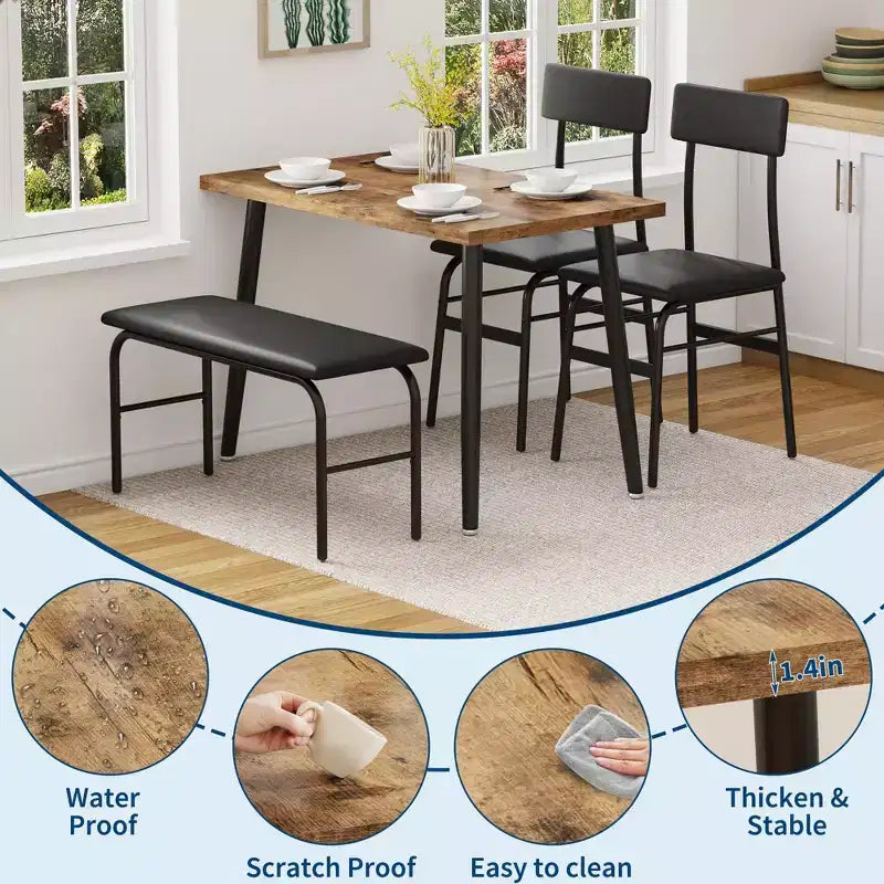 Ensemble table à manger pour 4, table de cuisine en bois avec banc rembourré et 2 chaises, mobilier peu encombrant pour cuisine, salle à manger, appartement, style rétro