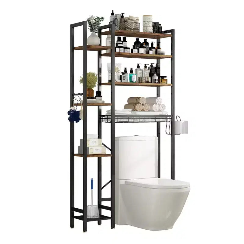 VIYET 38 Étagère de rangement 8 niveaux à poser au-dessus des toilettes avec paniers latéraux et panier de vidange, étagère réglable, organisateur de salle de bain autoportant (marron vintage)