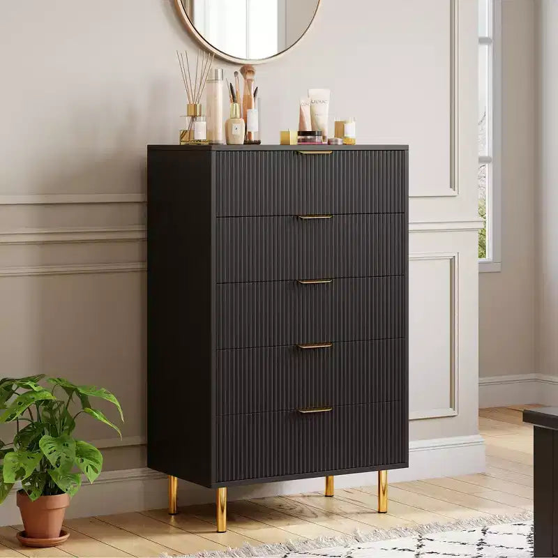 Commode à 5 tiroirs, organisateur de rangement moderne en bois de 122 cm de hauteur pour chambre à coucher, noir