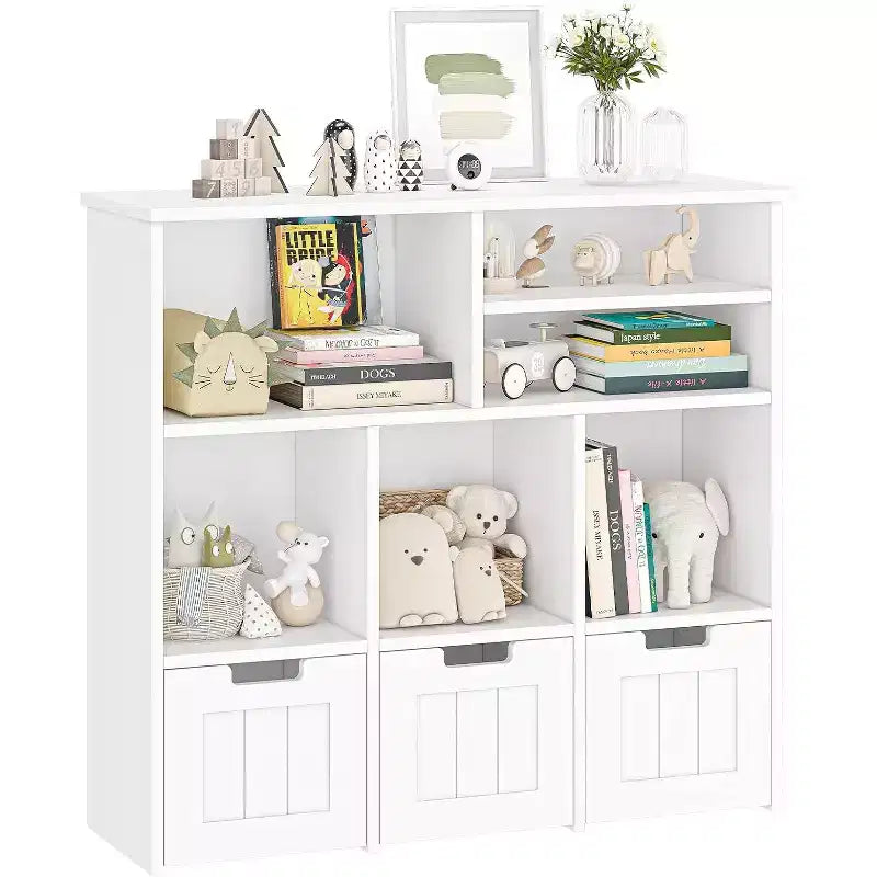 GustoWave Étagère à Livres pour Enfants avec 3 Tiroirs Mobiles et 6 Casiers de Rangement pour Chambre, Salle de Jeux, Crèche, Blanc