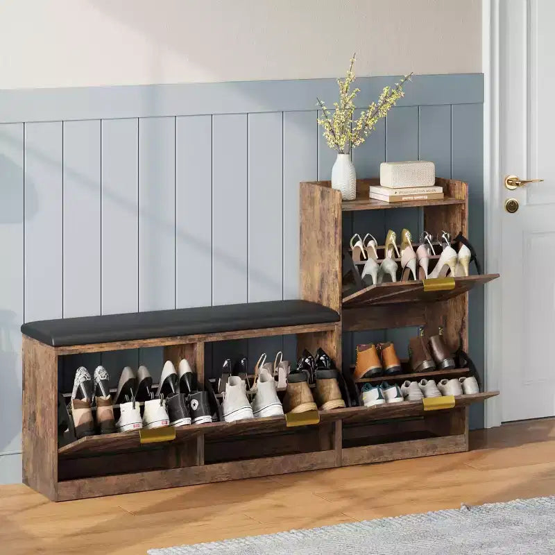 Meuble à chaussures avec banc et 4 tiroirs rabattables - Organisateur d'entrée étroit pour 35-40 paires
