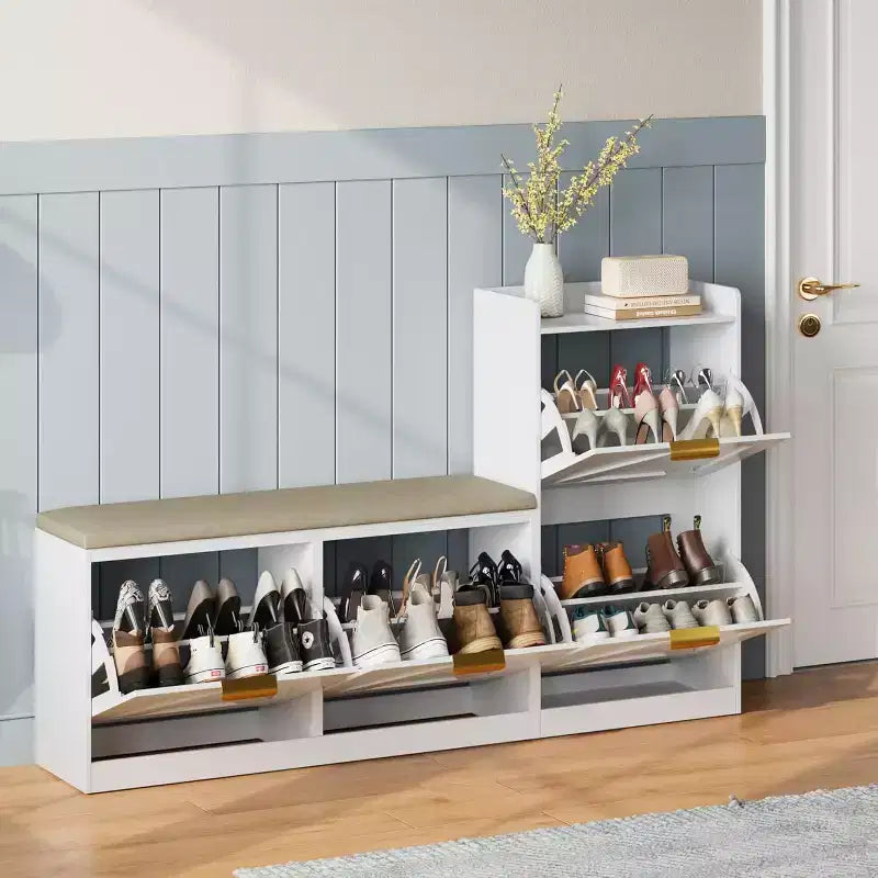 Meuble à chaussures avec banc et 4 tiroirs rabattables - Organisateur d'entrée étroit pour 35-40 paires