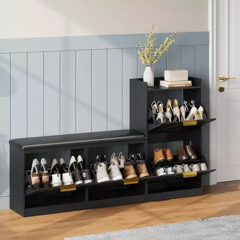 Meuble à chaussures avec banc et 4 tiroirs rabattables - Organisateur d'entrée étroit pour 35-40 paires