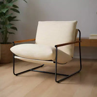 Fauteuil d'appoint rembourré en velours côtelé moderne avec cadre métallique et accoudoirs en bois, beige