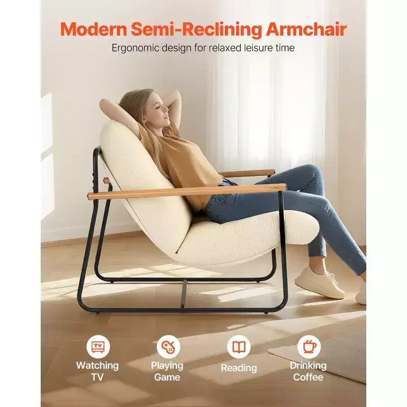 Fauteuil d'appoint rembourré en velours côtelé moderne avec cadre métallique et accoudoirs en bois, beige