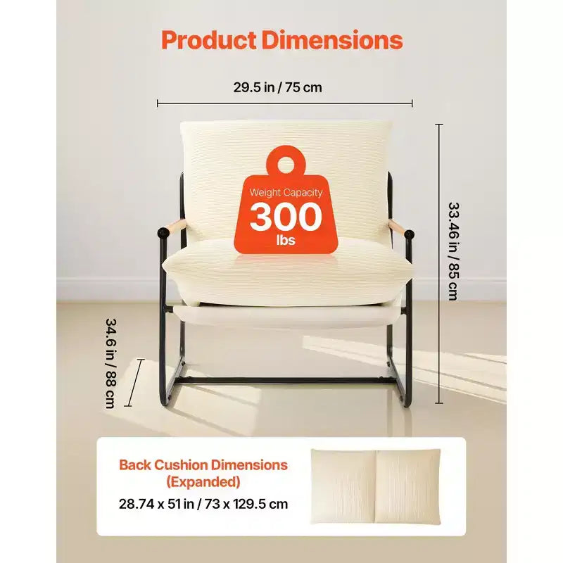 Fauteuil d'appoint rembourré en velours côtelé moderne avec cadre métallique et accoudoirs en bois, beige