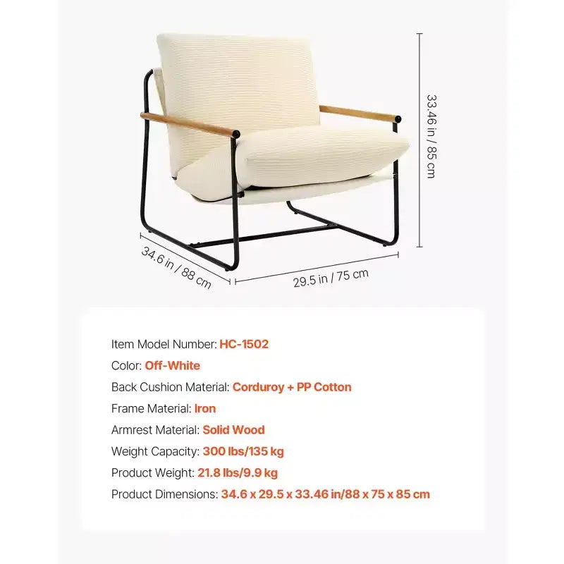 Fauteuil d'appoint rembourré en velours côtelé moderne avec cadre métallique et accoudoirs en bois, beige
