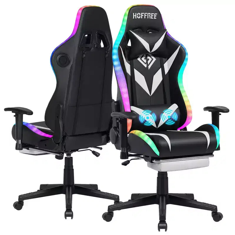 Fauteuil de jeu inclinable de massage Hoffree Chaise de bureau ergonomique pour PC avec haut-parleur Bluetooth et lumière RVB