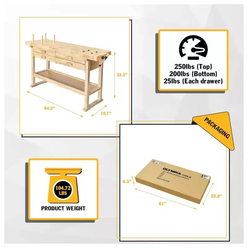 Olympia Tools établi en bois dur 60 caoutchouc, 4 tiroirs, capacité de charge 450 lbs