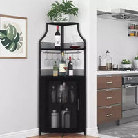 Wine Cabinet, Corner Farmhouse Wine Bar with Removable Rack & Glass Holder, Compact Liquor Coffee Storage Unit with Mesh Door