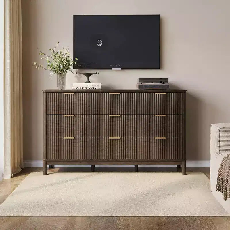 LINSY HOME commode cannelée 9 tiroirs pour chambre, grand chiffonnier mid-century moderne avec poignées métalliques dorées, commodes larges en bois bohème