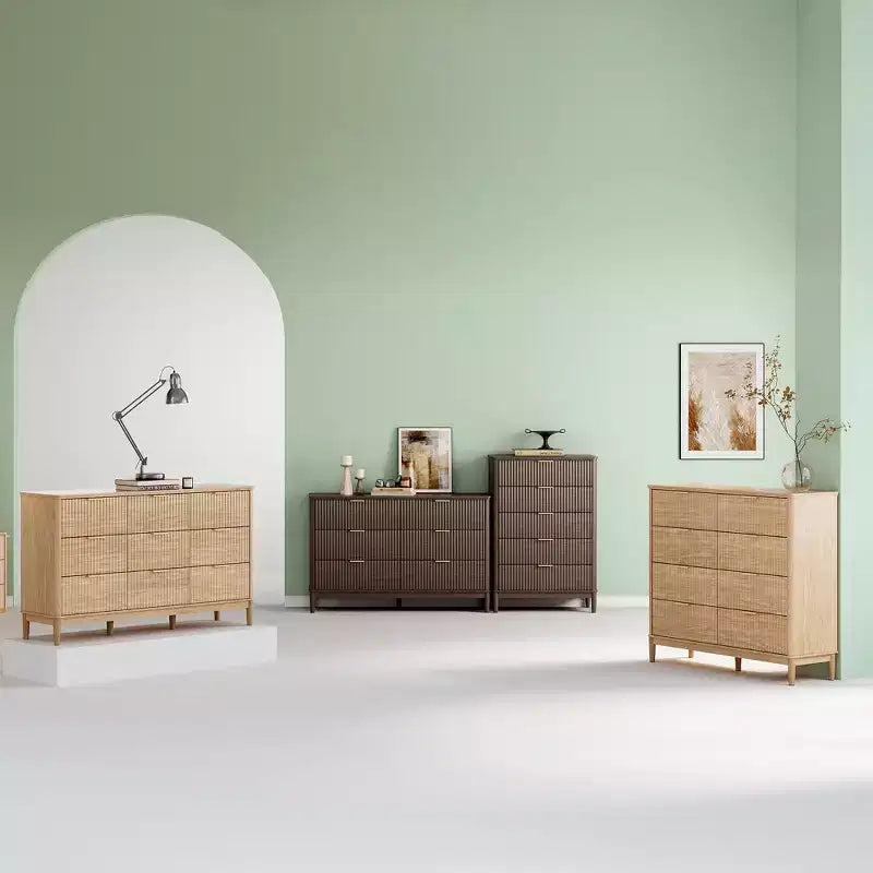 LINSY HOME commode cannelée 9 tiroirs pour chambre, grand chiffonnier mid-century moderne avec poignées métalliques dorées, commodes larges en bois bohème
