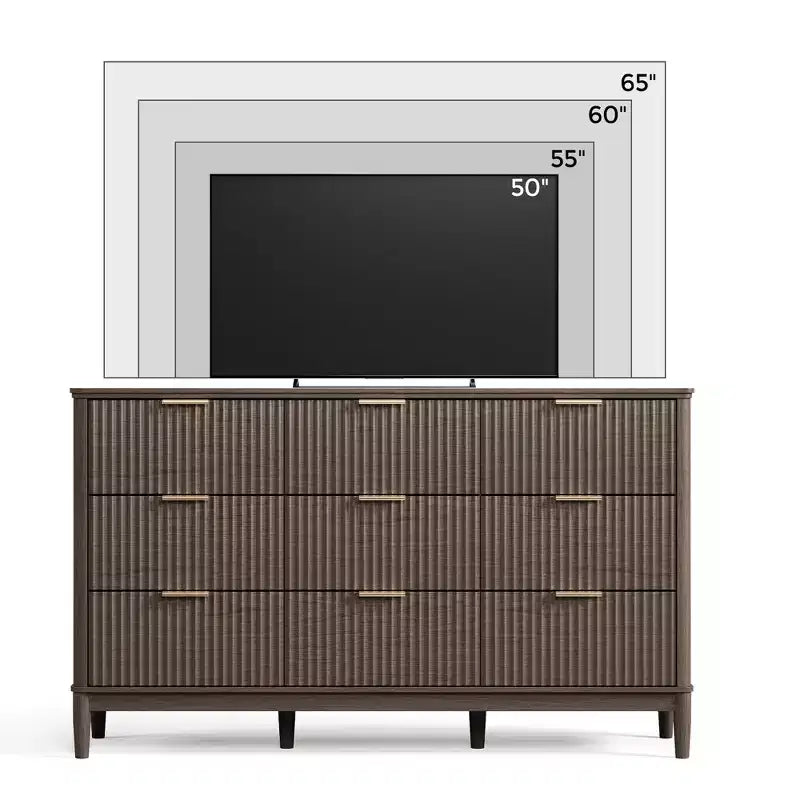 LINSY HOME commode cannelée 9 tiroirs pour chambre, grand chiffonnier mid-century moderne avec poignées métalliques dorées, commodes larges en bois bohème