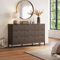 LINSY HOME Commode 9 tiroirs cannelée pour chambre à coucher, Grande commode de style moderne du milieu du siècle avec poignées en métal doré, Commodes larges en bois de style bohème.