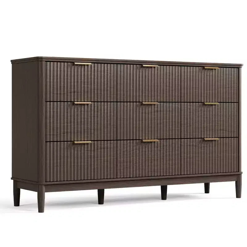 LINSY HOME commode cannelée 9 tiroirs pour chambre, grand chiffonnier mid-century moderne avec poignées métalliques dorées, commodes larges en bois bohème