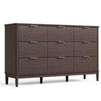 LINSY HOME Commode 9 tiroirs cannelée pour chambre à coucher, Grande commode de style moderne du milieu du siècle avec poignées en métal doré, Commodes larges en bois de style bohème.