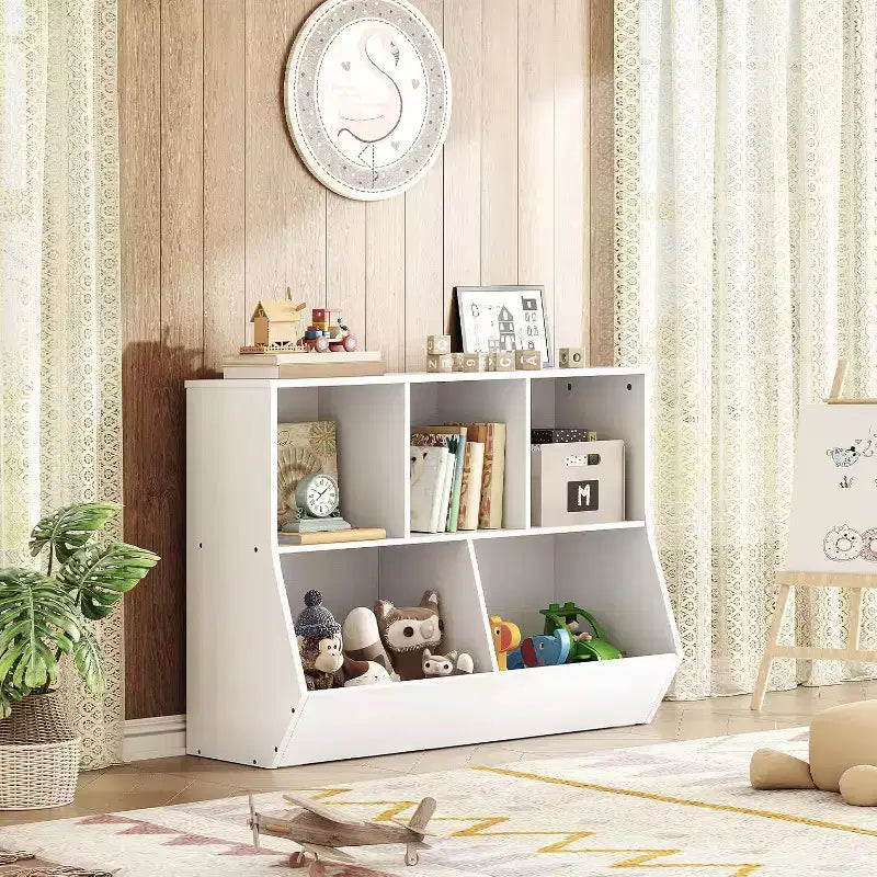 ACOINEL 35.4 Bibliothèque pour enfants avec pied de lit - Rangement de jouets, étagère à jouets pour enfants et meuble de rangement à 5 casiers