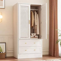 Armoire penderie à persiennes de 165 cm, Meuble de rangement en bois avec 2 portes et 2 tiroirs, Armoire de chambre avec tringle de suspension