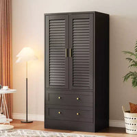 Armoire penderie à persiennes de 165 cm, Meuble de rangement en bois avec 2 portes et 2 tiroirs, Armoire de chambre avec tringle de suspension