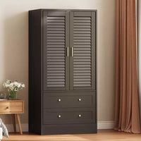 Armoire penderie à persiennes de 165 cm, Meuble de rangement en bois avec 2 portes et 2 tiroirs, Armoire de chambre avec tringle de suspension