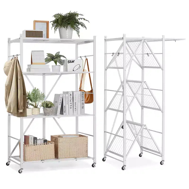 Étagère de rangement pliable VEVOR à 4 niveaux, étagère métallique pliable de 91,4 x 53,3 x 152,4 cm (L x P x H), organisateur sans assemblage avec 5 roues et 4 crochets, blanc