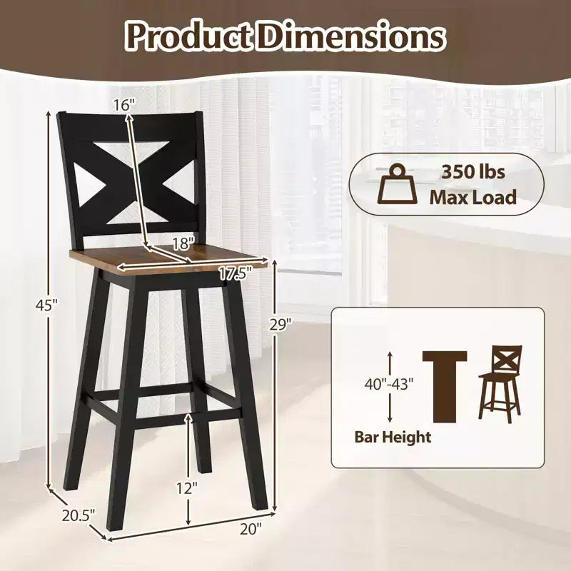 Tabourets de bar pivotants Costway 29 po, lot de 2 avec dossier, grand siège et repose-pied pour îlot de cuisine