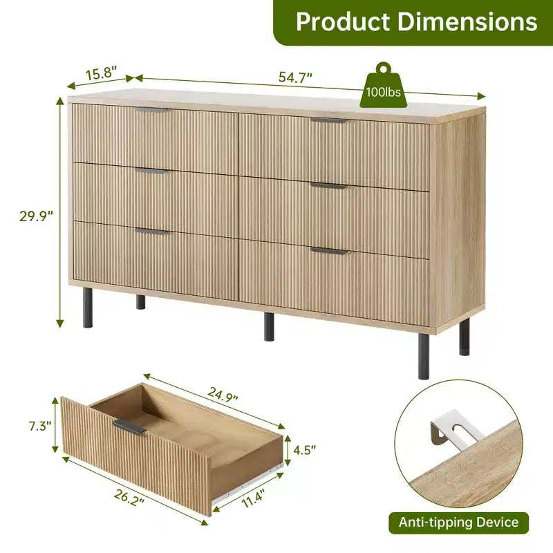 Commode cannelée ondulée 5 tiroirs pour chambre, commode moderne en bois à larges tiroirs, commode de chambre de bébé en bois avec pieds métalliques pour couloir, entrée