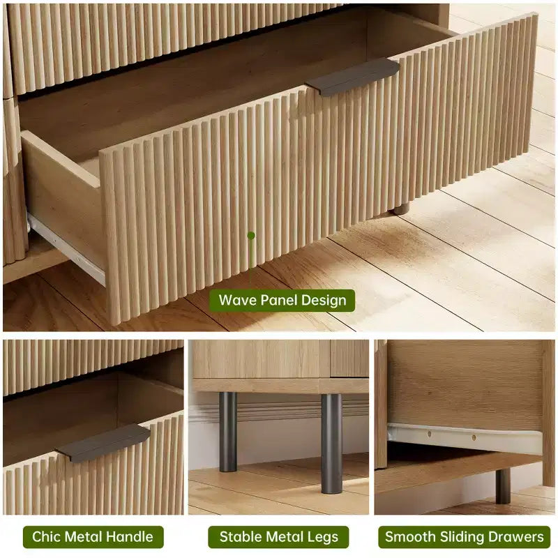 Commode cannelée ondulée 5 tiroirs pour chambre, commode moderne en bois à larges tiroirs, commode de chambre de bébé en bois avec pieds métalliques pour couloir, entrée